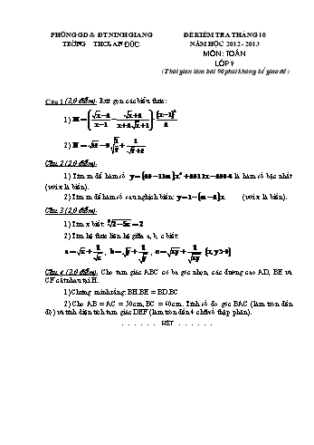 Đề kiểm tra tháng 10 môn Toán Lớp 9 - Năm học 2012-2013 - Trường THCS An Đức