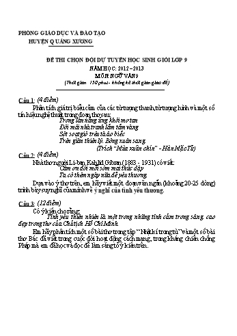 Đề thi chọn đội dự tuyển học sinh giỏi môn Ngữ văn Lớp 9 - Năm học 2012-2013 - Phòng GD&ĐT Quảng Xương