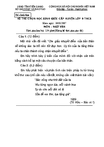 Đề thi chọn học sinh giỏi cấp huyện lớp 9 THCS môn Ngữ văn - Sở GD&ĐT Tiền Giang (Kèm hướng dẫn chấm)