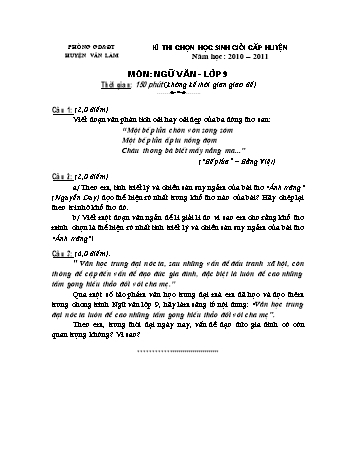 Đề thi chọn học sinh giỏi cấp huyện môn Ngữ văn Lớp 9 - Năm học 2010-2011 - Phòng GD&ĐT Văn Lâm (Có đáp án và biểu điểm)