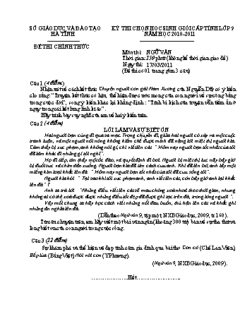 Đề thi chọn học sinh giỏi cấp tỉnh môn Ngữ văn Lớp 9 - Năm học 2010-2011 - Sở GD&ĐT Hà Tĩnh (Kèm hướng dẫn chấm)