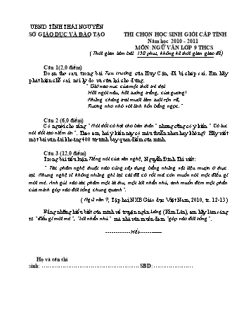 Đề thi chọn học sinh giỏi cấp tỉnh môn Ngữ văn Lớp 9 THCS - Năm học 2010-2011 - Sở GD&ĐT Thái Nguyên (Kèm hướng dẫn chấm)
