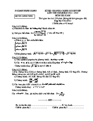 Đề thi chọn học sinh giỏi huyện lớp 9 THCS môn Toán - Năm học 2013-2014 - Phòng GD&ĐT Ninh Giang (Có đáp án và hướng dẫn chấm)