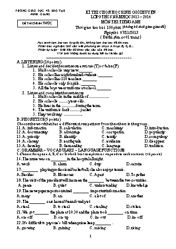 Đề thi chọn học sinh giỏi huyện lớp 9 THCS vòng I môn Tiếng Anh - Năm học 2013-2014 - Phòng GD&ĐT Ninh Giang (Kèm hướng dẫn chấm)