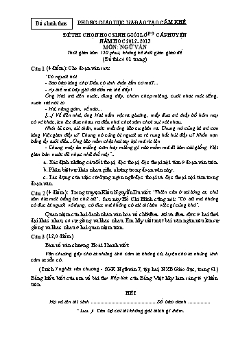 Đề thi chọn học sinh giỏi lớp 9 cấp huyện môn Ngữ văn - Năm học 2012-2013 - Phòng GD&ĐT Cẩm Khê (Kèm hướng dẫn chấm)
