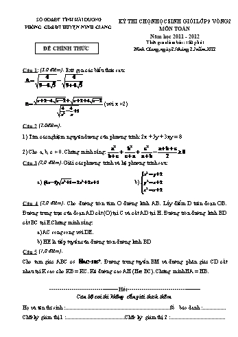 Đề thi chọn học sinh giỏi lớp 9 vòng 2 môn Toán - Năm học 2011-2012 - Phòng GD&ĐT Ninh Giang (Kèm hướng dẫn chấm)