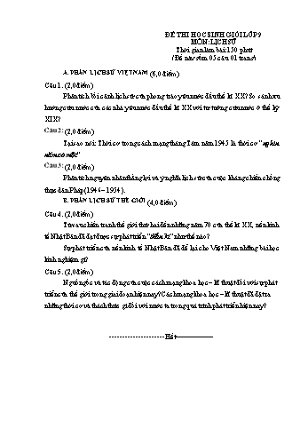 Đề thi chọn học sinh giỏi môn Lịch sử Lớp 9 - Đề 4 (Có đáp án)