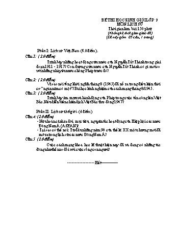 Đề thi chọn học sinh giỏi môn Lịch sử Lớp 9 - Đề 6 (Có đáp án)