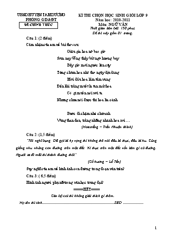 Đề thi chọn học sinh giỏi môn Ngữ văn Lớp 9 - Năm học 2010-2011 - Phòng GD&ĐT Tam Dương (Kèm hướng dẫn chấm)