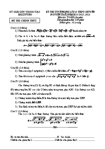 Đề thi chọn học sinh giỏi tỉnh lớp 9 THCS môn Toán (chuyên) - Năm học 2013-2014 - Sở GD&ĐT Hải Dương (Kèm hướng dẫn chấm)