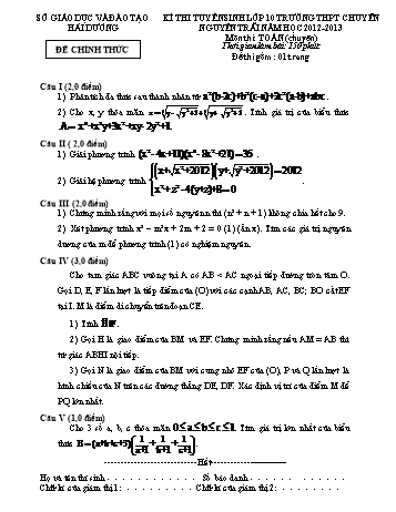 Đề thi chọn học sinh giỏi tỉnh lớp 9 THCS môn Toán (chuyên) - Năm học 2012-2013 - Sở GD&ĐT Hải Dương (Kèm hướng dẫn chấm)