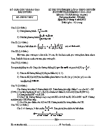 Đề thi chọn học sinh giỏi tỉnh lớp 9 THCS môn Toán (không chuyên) - Năm học 2012-2013 - Sở GD&ĐT Hải Dương (Kèm hướng dẫn chấm)