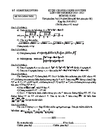 Đề thi chọn học sinh giỏi tỉnh lớp 9 THCS môn Toán - Năm học 2014-2015 - Sở GD&ĐT Hải Dương (Kèm hướng dẫn chấm)