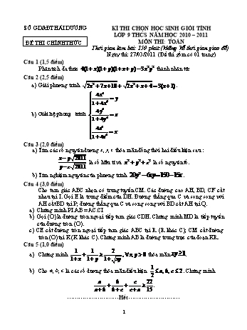 Đề thi chọn học sinh giỏi tỉnh lớp 9 THCS môn Toán - Năm học 2010-2011 - Sở GD&ĐT Hải Dương (Có đáp án và hướng dẫn chấm)