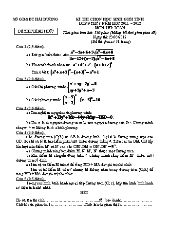 Đề thi chọn học sinh giỏi tỉnh lớp 9 THCS môn Toán - Năm học 2011-2012 - Sở GD&ĐT Hải Dương (Có đáp án)
