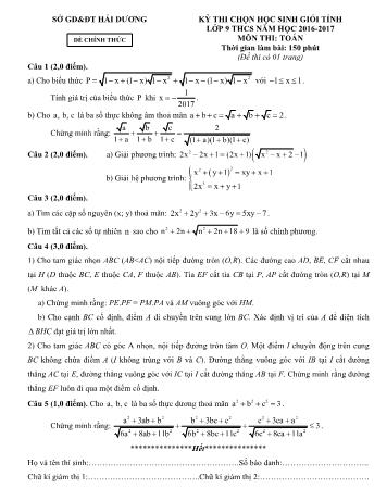 Đề thi chọn học sinh giỏi tỉnh lớp 9 THCS môn Toán - Năm học 2016-2017 - Sở GD&ĐT Hải Dương (Kèm hướng dẫn chấm)