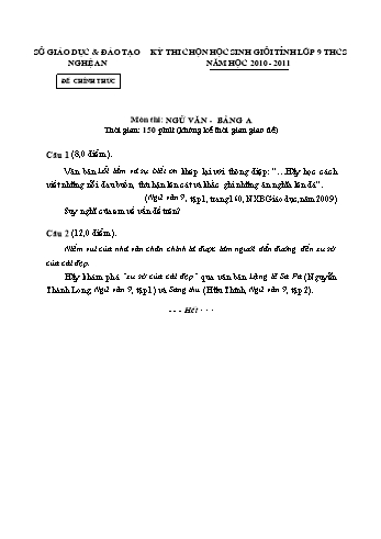 Đề thi chọn học sinh giỏi tỉnh môn Ngữ văn Lớp 9 THCS - Năm học 2010-2011 - Sở GD&ĐT Nghệ An (Kèm hướng dẫn chấm)