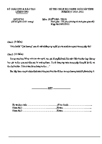 Đề thi dự bị chọn học sinh giỏi cấp tỉnh môn Ngữ văn Lớp 9 - Năm học 2010-2011 - Sở GD&ĐT Lâm Đồng