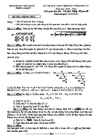 Đề thi giải toán trên máy tính cầm tay - Năm học 2013-2014 - Phòng GD&ĐT Ninh Giang