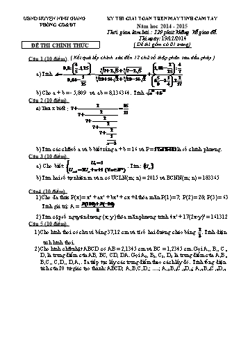 Đề thi giải toán trên máy tính cầm tay - Năm học 2014-2015 - Phòng GD&ĐT Ninh Giang