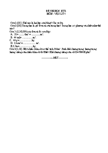 Đề thi học kỳ 1 môn Vật lý Lớp 6 (Kèm hướng dẫn chấm)