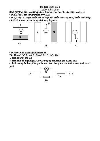 Đề thi học kỳ 1 môn Vật lý Lớp 9 (Kèm hướng dẫn chấm)