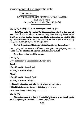 Đề thi học sinh giỏi huyện môn Ngữ văn Lớp 9 - Phòng GD&ĐT Hương Thủy