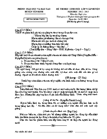 Đề thi học sinh giỏi lớp 9 cấp huyện môn Ngữ văn - Năm học 2012-2013 - Phòng GD&ĐT Yên Định (Kèm hướng dẫn chấm)