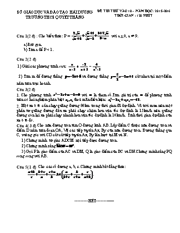 Đề thi thử vào 10 môn Toán - Năm học 2015-2016 - Trường THCS Quyết Thắng (Có đáp án và biểu điểm)