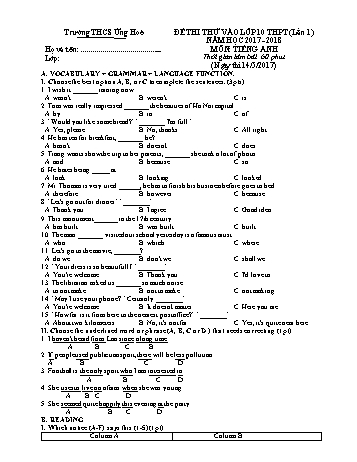 Đề thi thử vào lớp 10 THPT lần 1 môn Tiếng Anh - Năm học 2017-2018 - Trường THCS Ứng Hoè (Có đáp án)