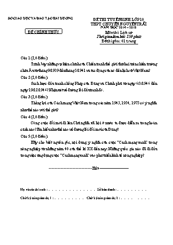 Đề thi tuyển sinh lớp 10 THPT chuyên Nguyễn Trãi môn Lịch sử - Năm học 2014-2015 - Sở GD&ĐT Hải Dương (Có đáp án)