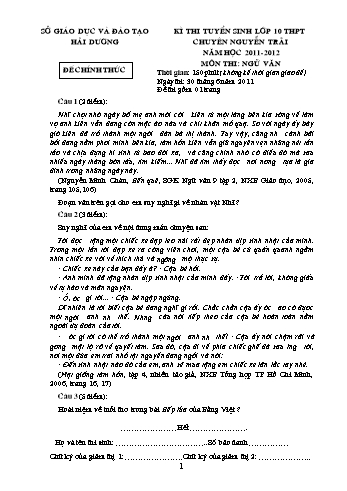Đề thi tuyển sinh lớp 10 THPT chuyên Nguyễn Trãi môn Ngữ văn - Năm học 2011-2012 - Sở GD&ĐT Hải Dương (Kèm hướng dẫn chấm)