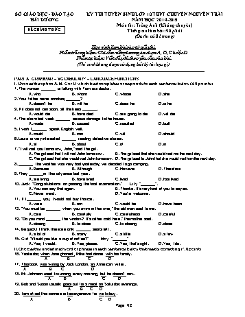 Đề thi tuyển sinh lớp 10 THPT chuyên Nguyễn Trãi môn Tiếng Anh (không chuyên) - Năm học 2014-2015 - Sở GD&ĐT Hải Dương