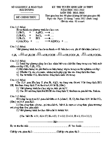 Đề thi tuyển sinh lớp 10 THPT lần 1 môn Hoá học - Năm học 2012-2013 - Sở GD&ĐT Hải Dương (Kèm hướng dẫn chấm)