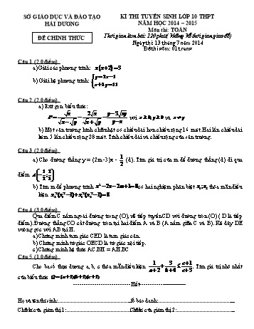 Đề thi tuyển sinh lớp 10 THPT môn Toán - Năm học 2014-2015 - Sở GD&ĐT Hải Dương