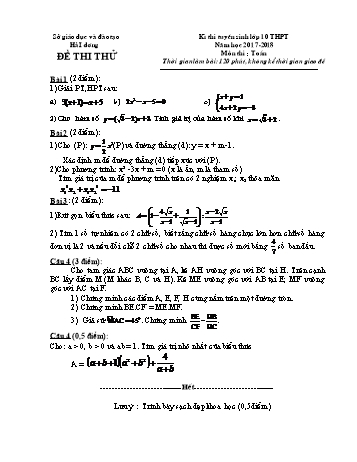 Đề thi tuyển sinh lớp 10 THPT môn Toán - Năm học 2017-2018 - Sở GD&ĐT Hải Dương (Có đáp án)