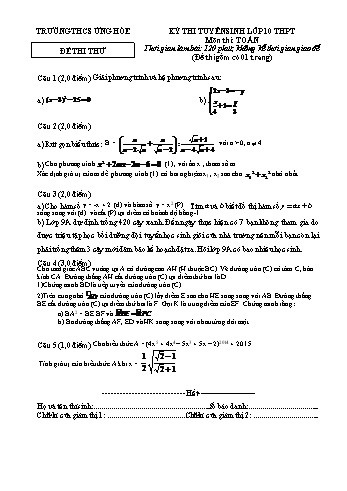 Đề thi tuyển sinh lớp 10 THPT môn Toán - Trường THCS Ứng Hòe (Có đáp án)