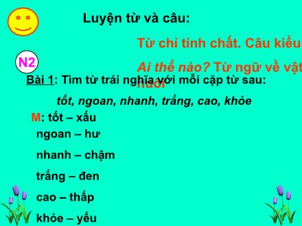 Bài giảng Luyện từ và câu Lớp 2 - Bài: Từ chỉ tính chất. Câu kiểu Ai thế nào? Từ ngữ về vật nuôi