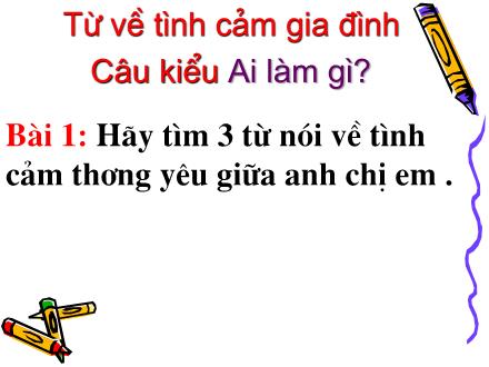 Bài giảng Luyện từ và câu Lớp 2 - Bài: Từ về tình cảm gia đình. Câu kiểu Ai làm gì? Bài giảng Luyện từ và câu Lớp 2 - Bài: Từ về tình cảm gia đình. Câu kiểu Ai làm gì?