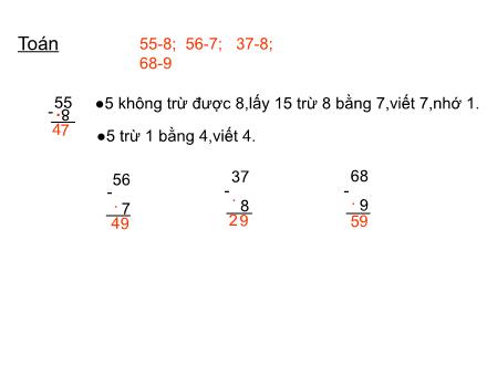 Bài giảng Toán Lớp 2 - Bài: 55-8; 56-7; 37-8; 68-9