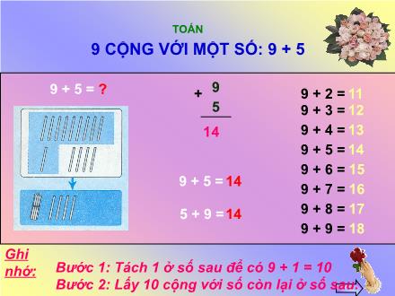 Bài giảng Toán Lớp 2 - Bài: 9 cộng với một số: 9 + 5