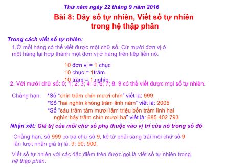 Bài giảng Toán Lớp 4 - Bài 8: Dãy số tự nhiên, Viết số tự nhiên trong hệ thập phân - Năm học 2015-2016