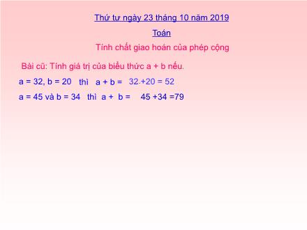 Bài giảng Toán Lớp 4 - Bài: Tính chất giao hoán của phép cộng - Năm học 2019-2020