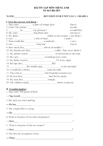 Bài ôn tập môn Tiếng Anh Lớp 6 - Unit 9+10+11 (Có đáp án)