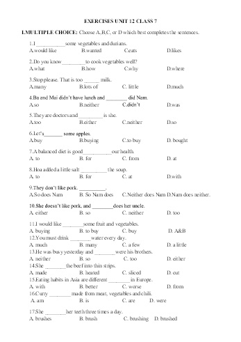 Bài tập môn Tiếng Anh Lớp 7 - Unit 12