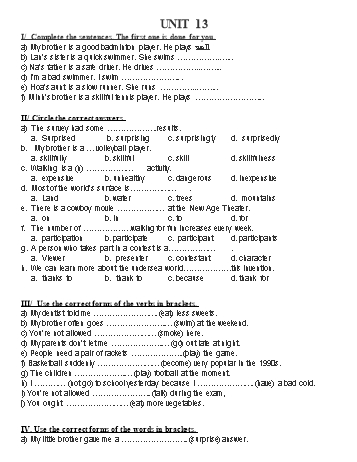 Bài tập môn Tiếng Anh Lớp 7 - Unit 13