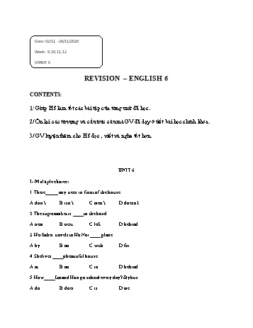 Bài tập ôn luyện kiến thức môn Tiếng Anh Lớp 6 - Tuần 9 đến 12 - Năm học 2020-2021