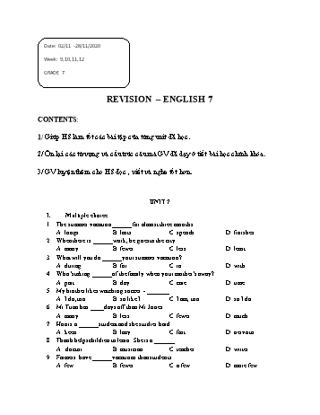 Bài tập ôn luyện kiến thức môn Tiếng Anh Lớp 7- Tuần 9 đến 12 - Năm học 2020-2021