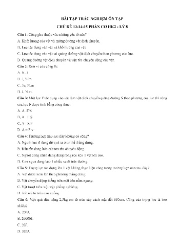 Bài tập trắc nghiệm ôn tập môn Vật lí Lớp 8 - Chủ đề 13+14+15