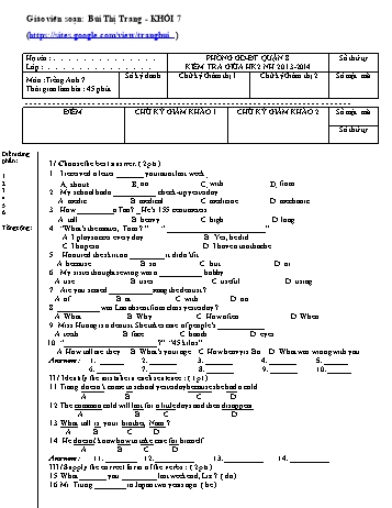 Bộ đề kiểm tra giữa kì II môn Tiếng Anh Lớp 7 - Phòng GD&ĐT Quận 8